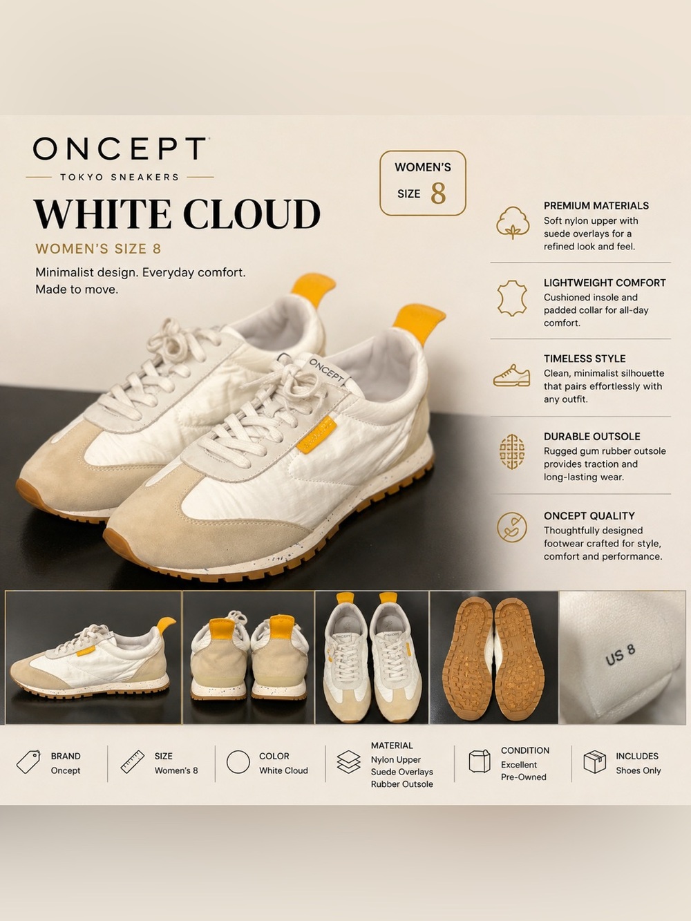 Oncept Tokyo Sneakers Women’s US 8 White Cloud Nylon Suede Lace-Up